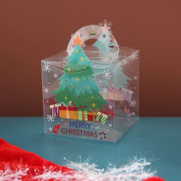 Clear Xmas bauble box with Christmas tree and gifts design